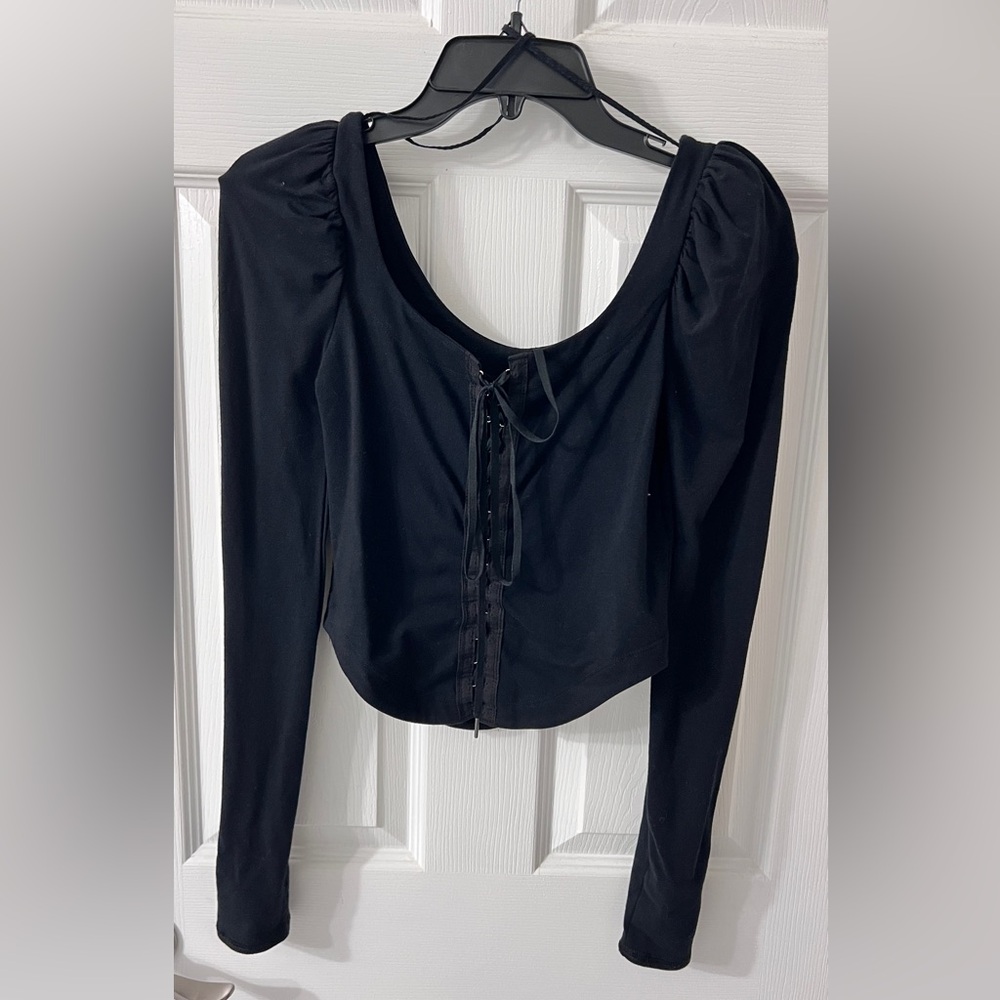 Free People Black Lace-Up Blouse